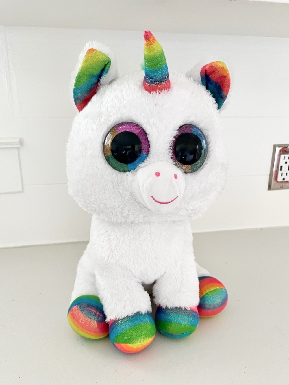 Ty Beanie Boos Rainbow Unicorn Plush Large White Stuffed Animal Glitter Eyes